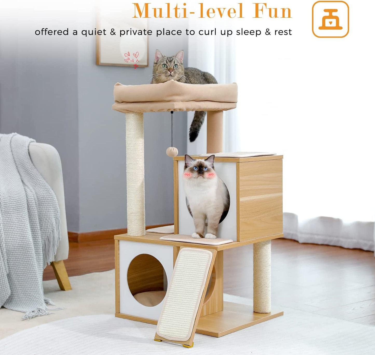 NordicHaven™ | Modern Dual-Condo Wooden Cat Tree (35")