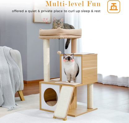 NordicHaven™ | Modern Dual-Condo Wooden Cat Tree (35")