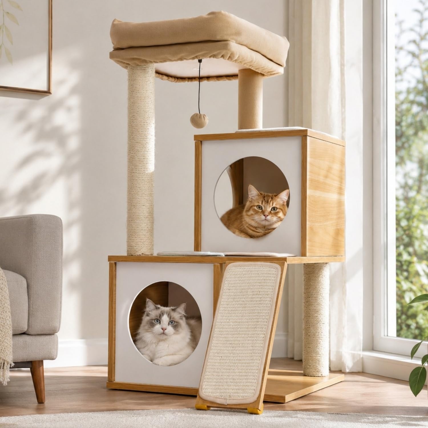 NordicHaven™ | Modern Dual-Condo Wooden Cat Tree (35")