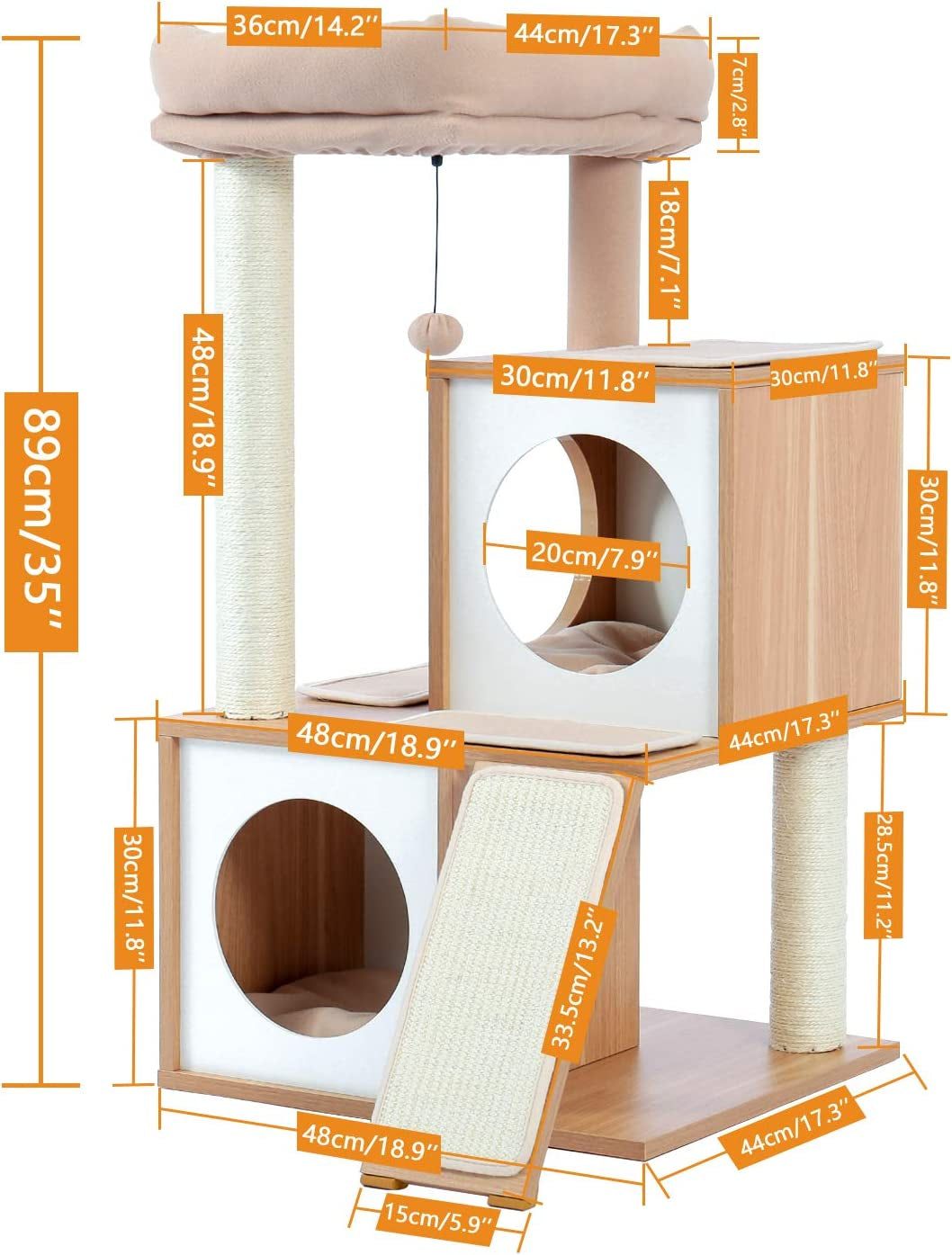 NordicHaven™ | Modern Dual-Condo Wooden Cat Tree (35")