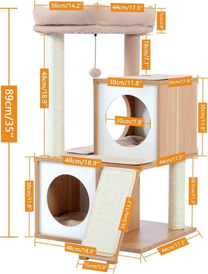 NordicHaven™ | Modern Dual-Condo Wooden Cat Tree (35")