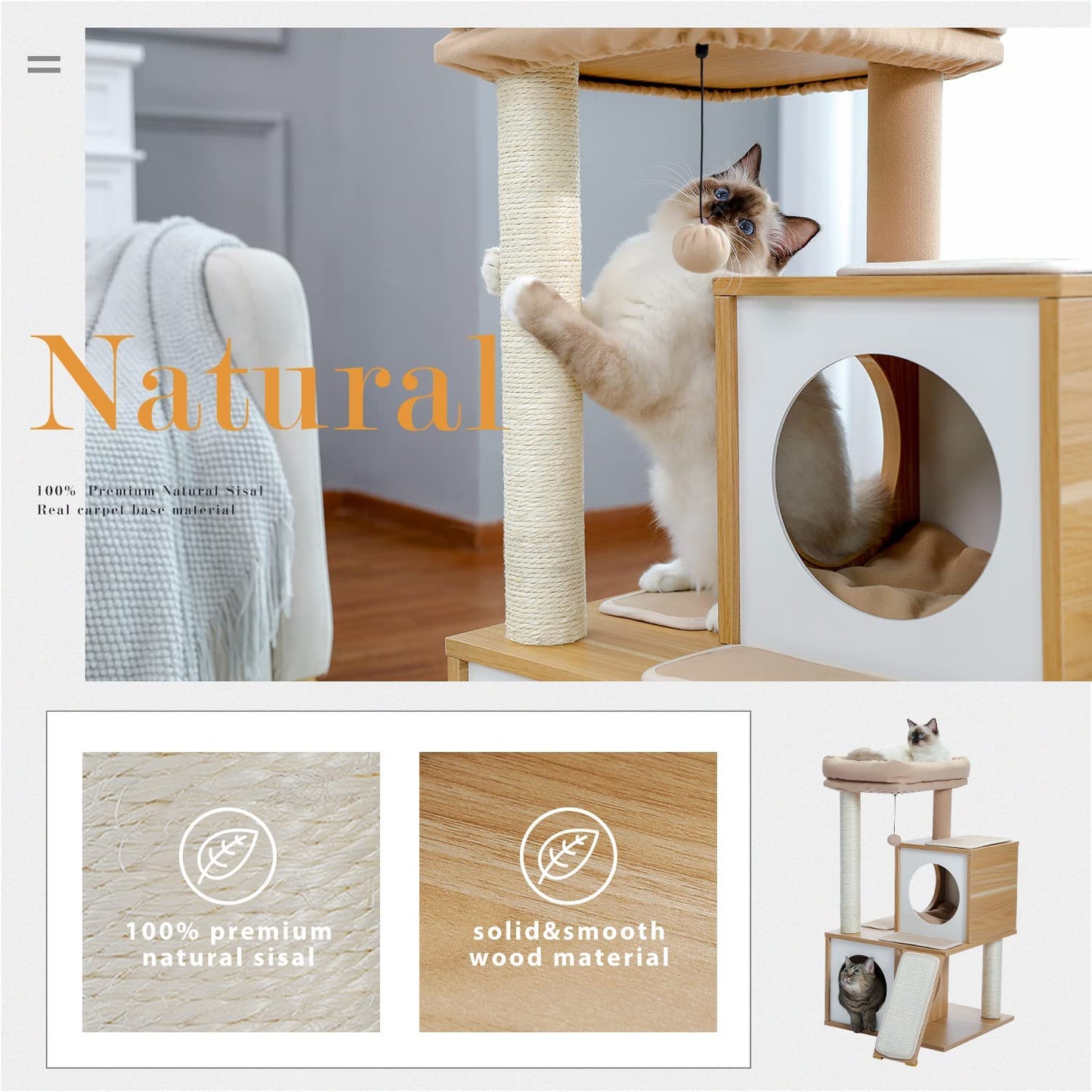 NordicHaven™ | Modern Dual-Condo Wooden Cat Tree (35")