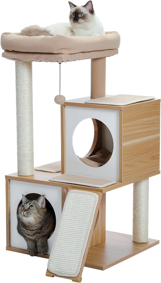 NordicHaven™ | Modern Dual-Condo Wooden Cat Tree (35")